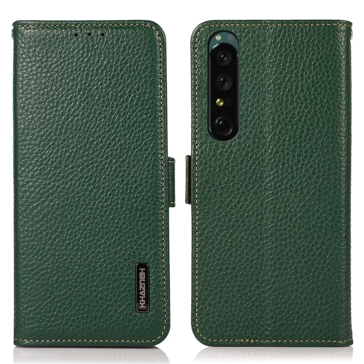 KHAZNEH для Sony Xperia 1 V Оригинальный кожаный чехол для телефона RFID Blocking Anti-scratch Flip Cover Stand Wallet - Green