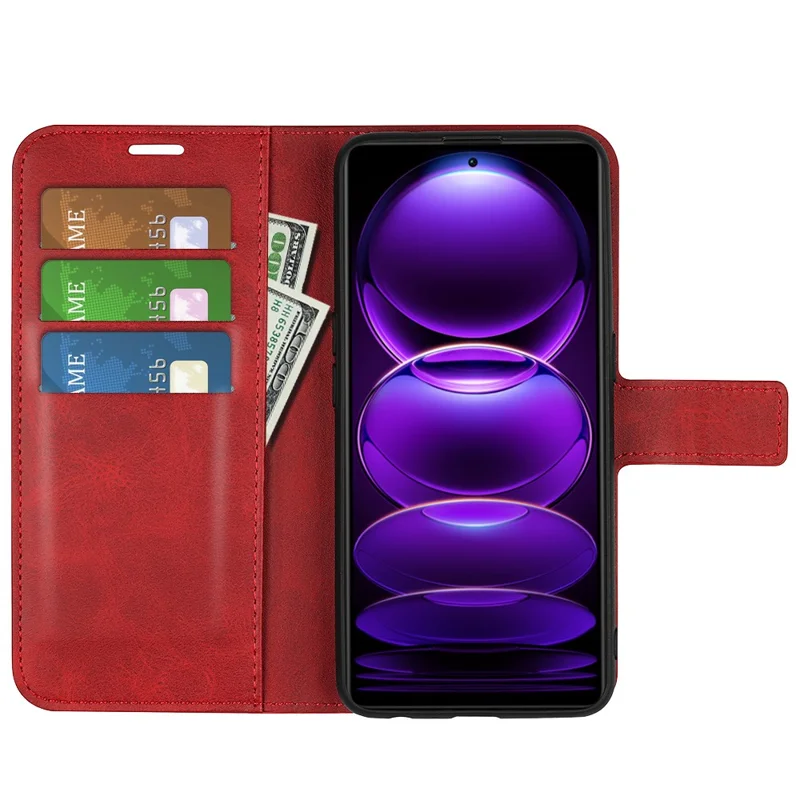 For Xiaomi Redmi Note 12 Pro+ 5G Phone Case Calf Texture Stand Wallet Cover - Red