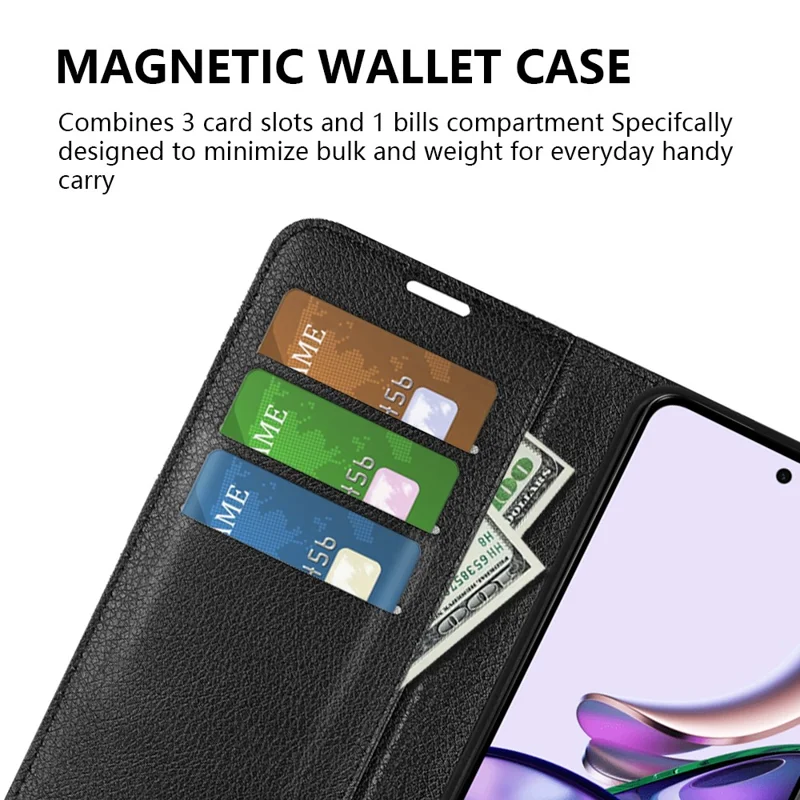 Folia ochronna do Motorola Moto G13 4G, etui z kieszeniami na kartki i pieniędzmi z korkiem magnetycznym, z klapką, z funkcją podpórki, z fakturą skórzaną litchi, kolor czarny