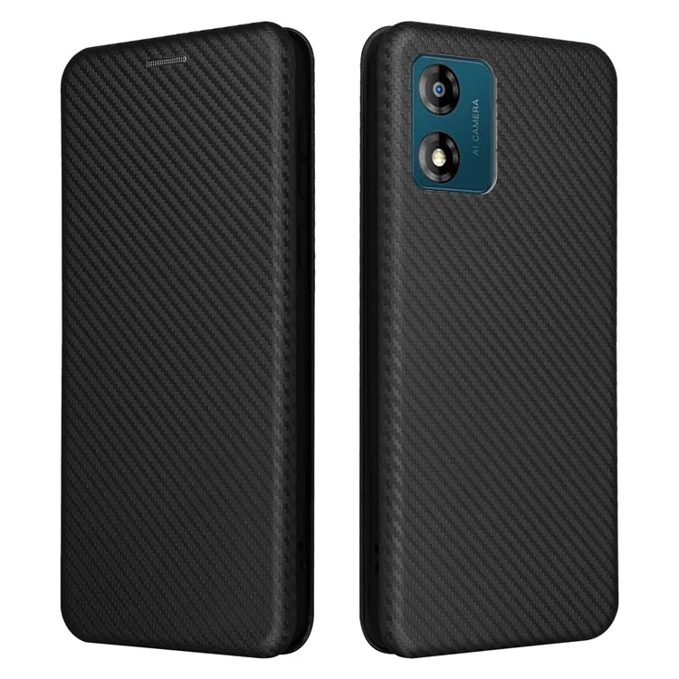 For Motorola Moto E13 4G Phone Case with Card Holder Carbon Fiber Texture Leather Protective Cover Stand - Black