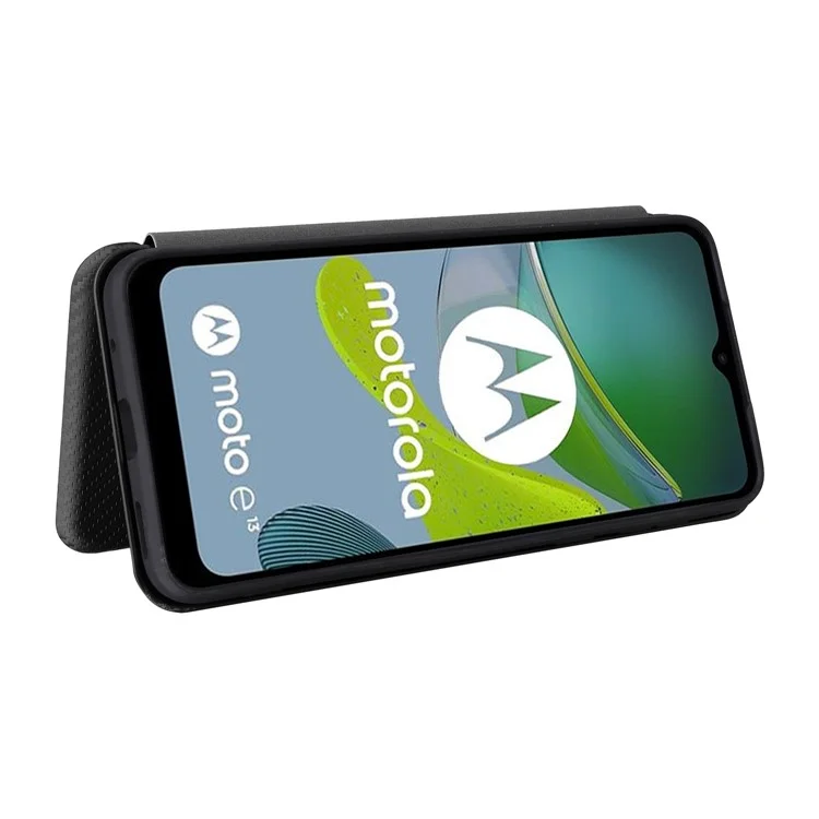 For Motorola Moto E13 4G Phone Case with Card Holder Carbon Fiber Texture Leather Protective Cover Stand - Black