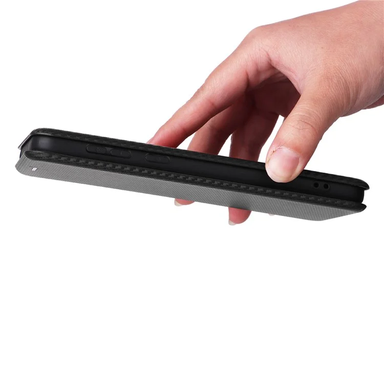 For Motorola Moto E13 4G Phone Case with Card Holder Carbon Fiber Texture Leather Protective Cover Stand - Black