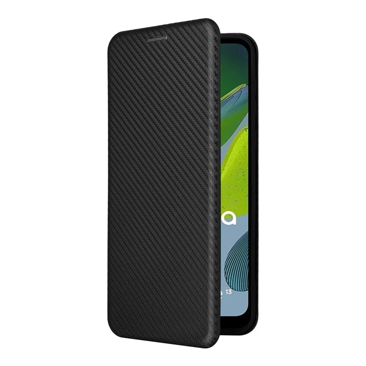 For Motorola Moto E13 4G Phone Case with Card Holder Carbon Fiber Texture Leather Protective Cover Stand - Black