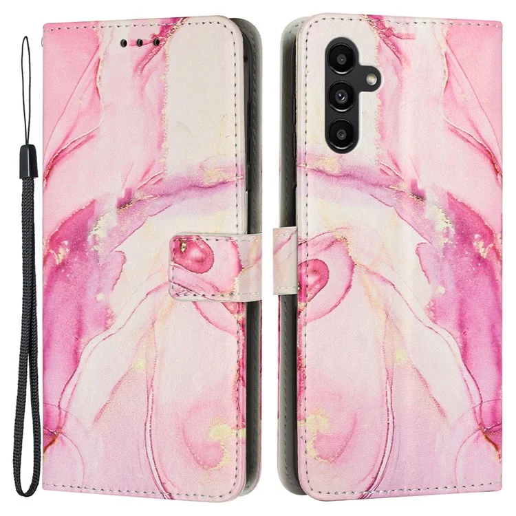 For Samsung Galaxy A34 5G Leather Phone Cover Stand Wallet Marble Pattern Phone Case with Strap - Rose Gold