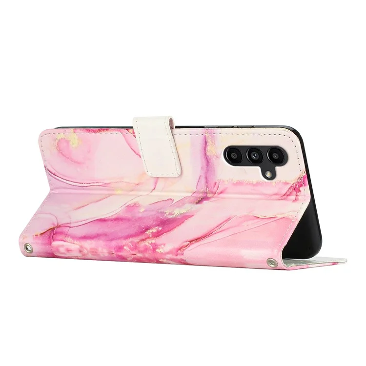 For Samsung Galaxy A34 5G Leather Phone Cover Stand Wallet Marble Pattern Phone Case with Strap - Rose Gold