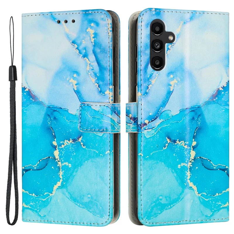 For Samsung Galaxy A34 5G Leather Phone Cover Stand Wallet Marble Pattern Phone Case with Strap - Blue  /  Green
