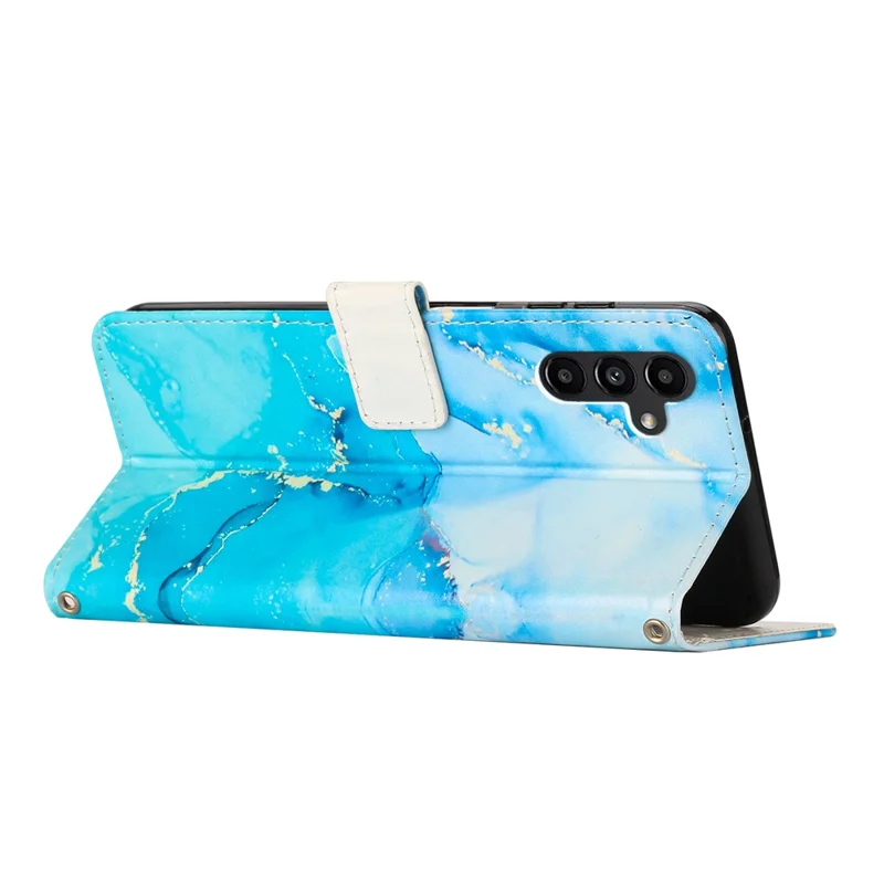 For Samsung Galaxy A34 5G Leather Phone Cover Stand Wallet Marble Pattern Phone Case with Strap - Blue  /  Green