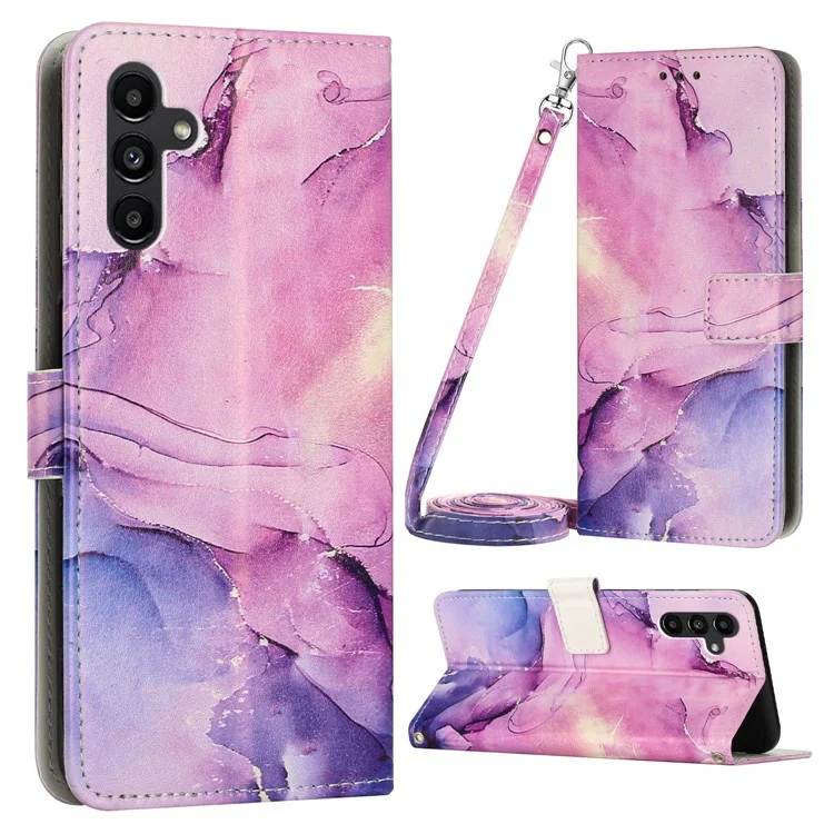Para Samsung Galaxy A34 5G Marble Pattern Phone Cover Stand Wallet Leather Case with Shoulder Strap - Púrpura