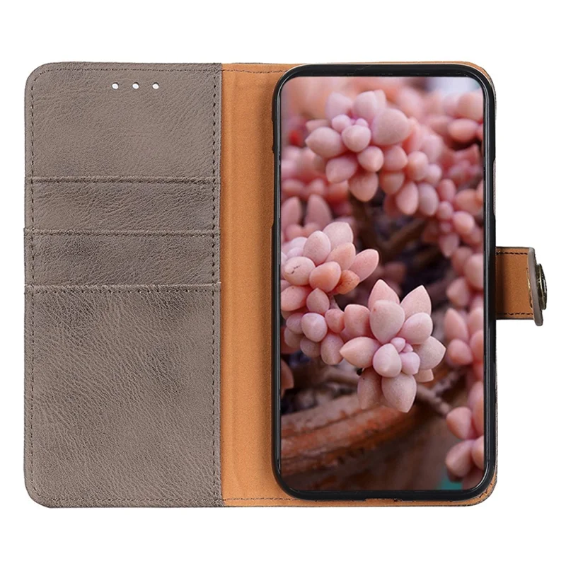 KHAZNEH Flip Leather Phone Case For Samsung Galaxy A24 4G (162.1 x 77.6 x 8.3mm) Cowhide Texture Phone Cover Wallet Stand - Khaki