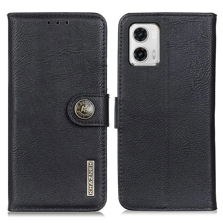KHAZNEH For Motorola Moto G73 5G Leather Phone Case Cowhide Texture Protective Cell Phone Cover Wallet Stand - Black