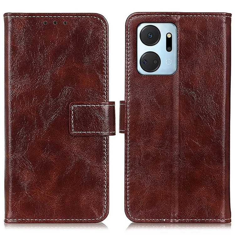 For Honor X7a 5G PU Leather Phone Wallet Case Stand Retro Crazy Horse Texture Phone Cover - Marrom