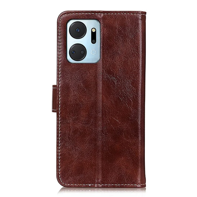 For Honor X7a 5G PU Leather Phone Wallet Case Stand Retro Crazy Horse Texture Phone Cover - Marrom