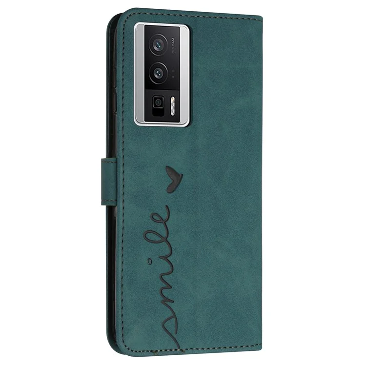 For Xiaomi Poco F5 Pro 5G / Redmi K60 Pro 5G / K60 5G Phone Stand Case PU Leather Imprinted Heart Shape Wallet Phone Cover with Strap - Green