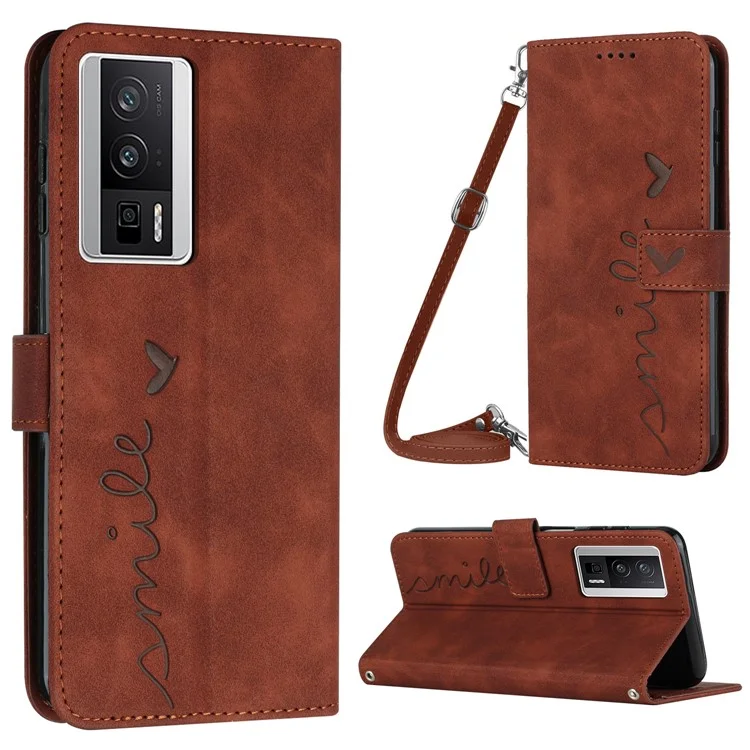 Pour Xiaomi Poco F5 Pro 5G / Redmi K60 Pro 5G / K60 5G Stand PU Leather Phone Case Heart Shape Phone Wallet Cover with Shoulder Strap - Brown