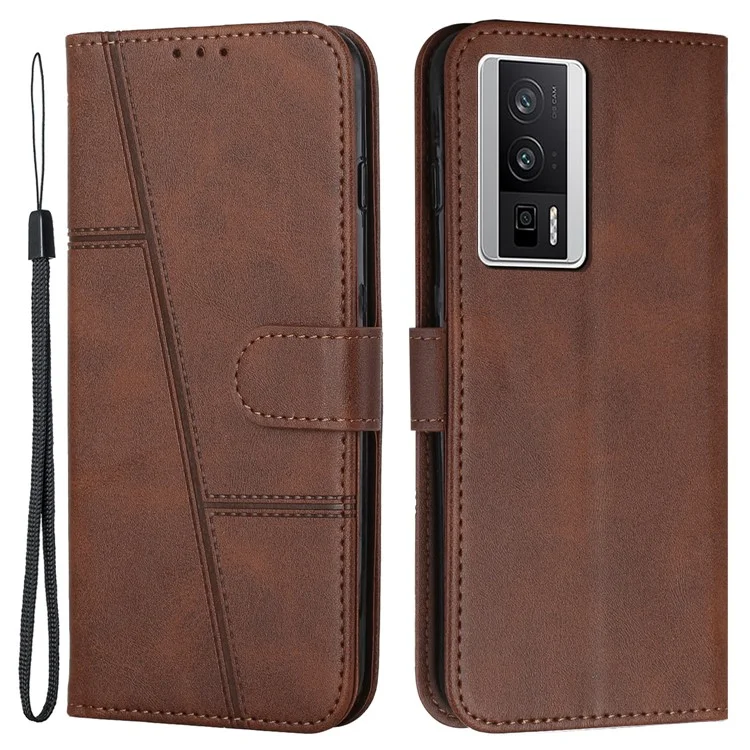 For Xiaomi Poco F5 Pro 5G / Redmi K60 Pro 5G / K60 5G Protective Phone Cover Stand Wallet Leather Cell Phone Case with Strap - Brown