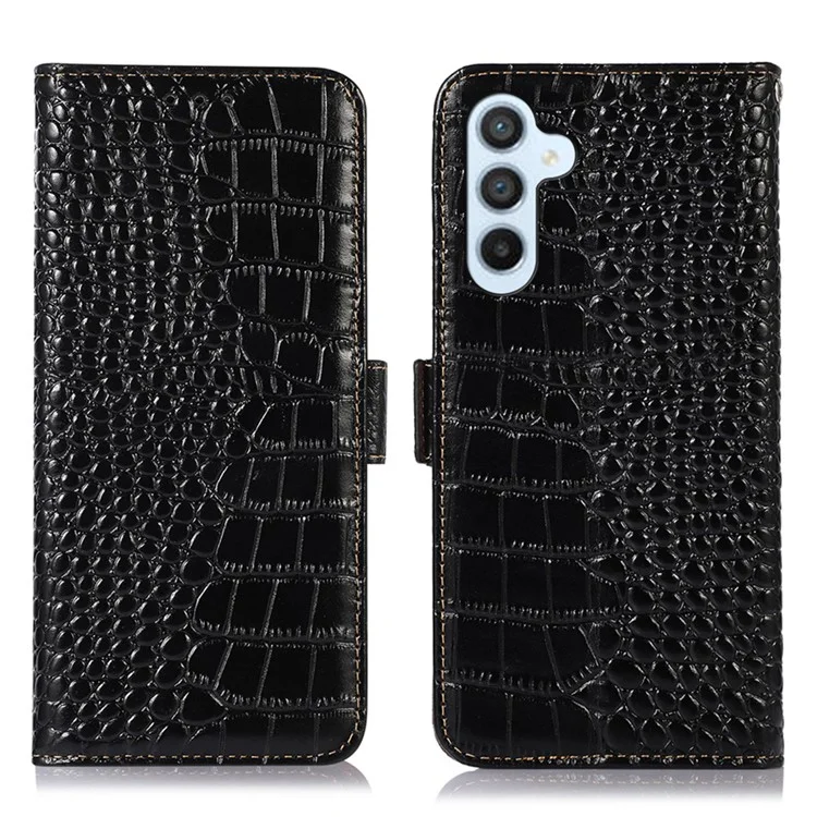 Anti-drop Phone Case for Samsung Galaxy A24 4G (162.1 x 77.6 x 8.3mm) RFID Blocking Stand Wallet Genuine Cowhide Leather Phone Cover - Black