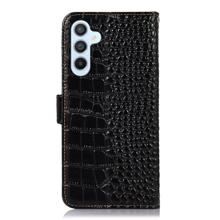 Anti-drop Phone Case for Samsung Galaxy A24 4G (162.1 x 77.6 x 8.3mm) RFID Blocking Stand Wallet Genuine Cowhide Leather Phone Cover - Black