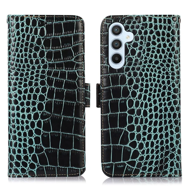 Anti-drop Phone Case for Samsung Galaxy A24 4G (162.1 x 77.6 x 8.3mm) RFID Blocking Stand Wallet Genuine Cowhide Leather Phone Cover - Green