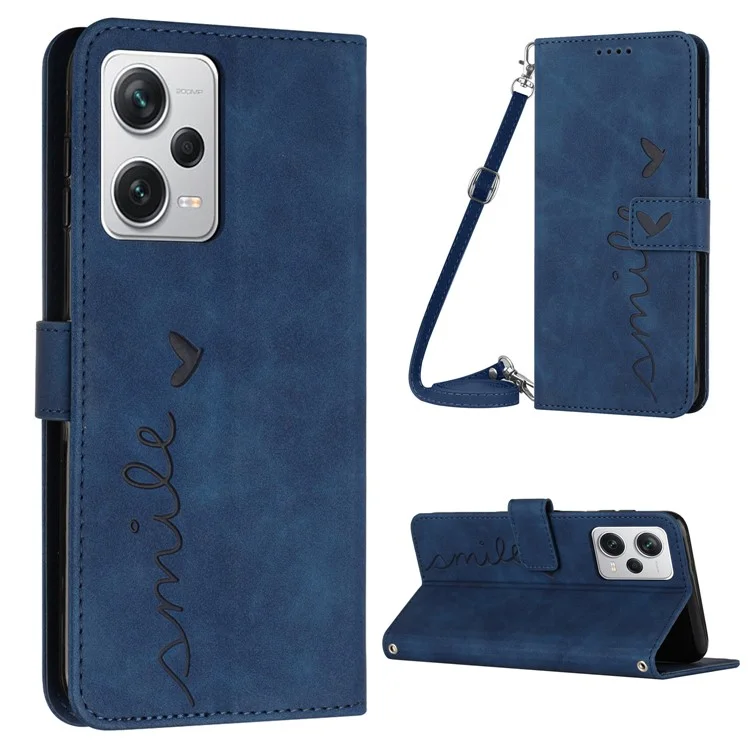 Pour Xiaomi Redmi Note 12 Pro 5G / Note 12 Pro Speed 5G / Poco X5 Pro 5G Wallet Stand Phone Case Imprinted Heart Shape Leather Phone Cover with Shoulder Strap - Saphir