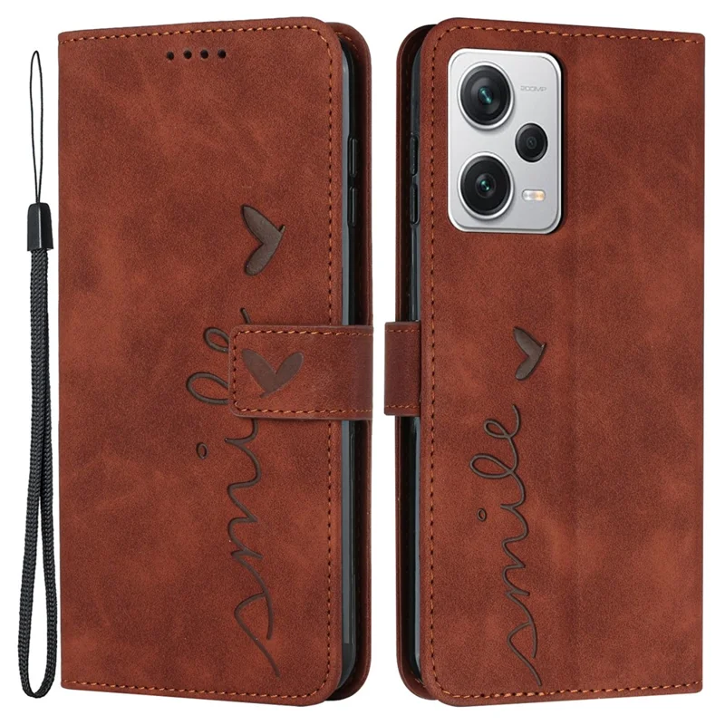 For Xiaomi Redmi Note 12 Pro 5G / Note 12 Pro Speed 5G / Poco X5 Pro 5G Phone Cover Imprinted Heart Shape Stand Wallet Phone Leather Case with Strap - Brown