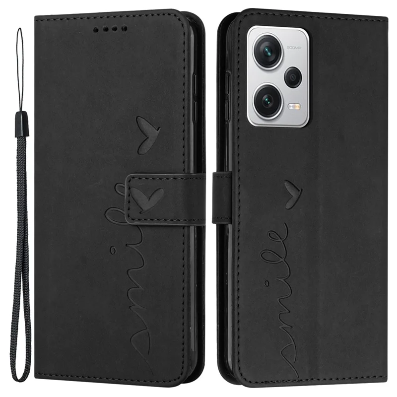 For Xiaomi Redmi Note 12 Pro 5G / Note 12 Pro Speed 5G / Poco X5 Pro 5G Phone Cover Imprinted Heart Shape Stand Wallet Phone Leather Case with Strap - Black