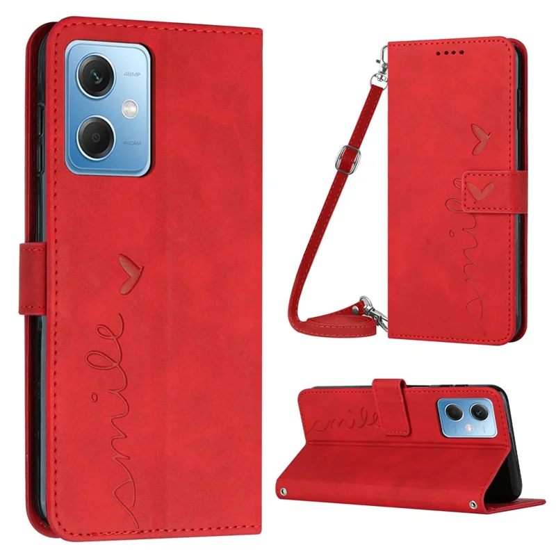 Etui skórzane z uchwytem w kształcie serca, portfel z paskiem na ramię do Xiaomi Redmi Note 12 5G (Global) / (Indie) / (Chiny) / Poco X5 5G - Czerwony