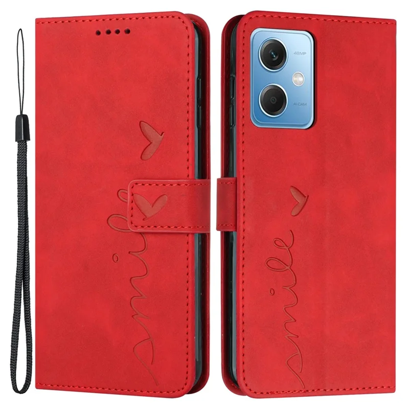 For Xiaomi Redmi Note 12 5G (Global) / (India) / (China) / Poco X5 5G Stand Wallet Phone Case Imprinted Heart Shape Phone Leather Cover with Strap - Red