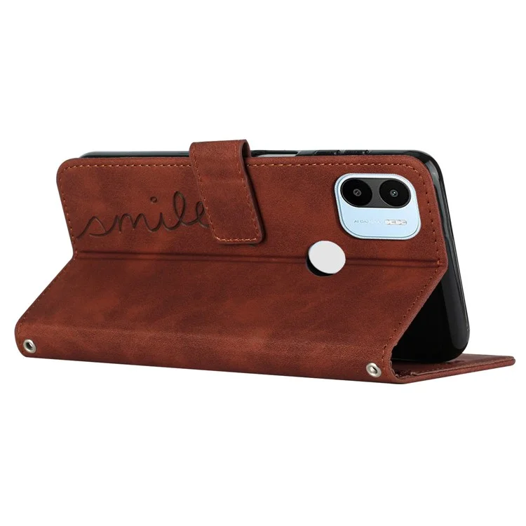 For Xiaomi Redmi A1+ 4G / A2+ 4G / Poco C50 4G PU Leather Phone Wallet Case Imprinted Heart Shape Stand Phone Cover with Strap - Brown