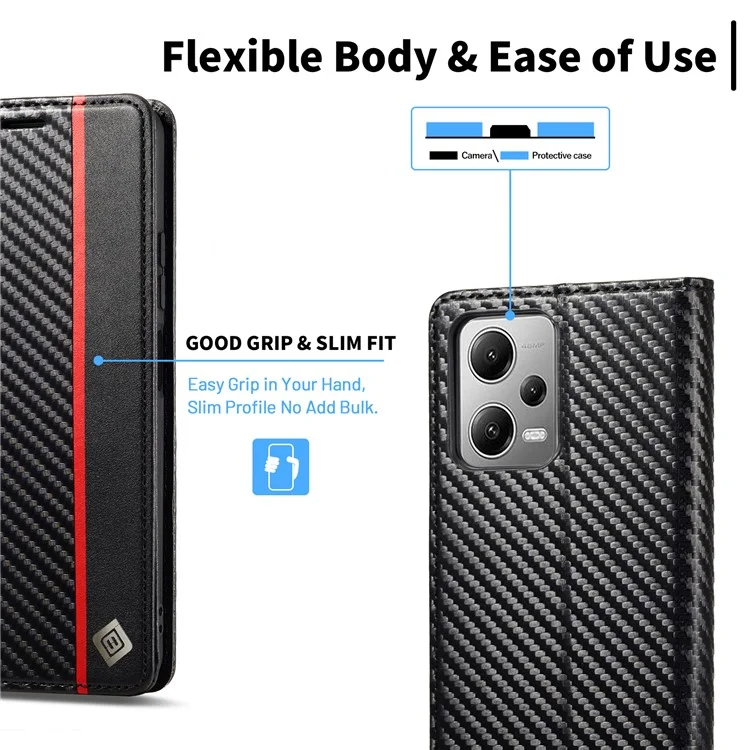 LC.IMEEKE For Xiaomi Poco X5 5G / Redmi Note 12 5G (Global) / (India) / (China) Carbon Fiber Texture Shockproof Phone Case Leather Stand Wallet Cover - Vertical Stripe