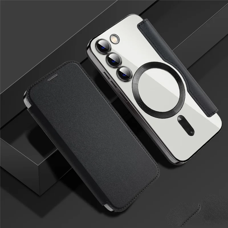 Magnetic Case for Samsung Galaxy S23+ PU Leather+TPU RFID Blocking Flip Phone Cover - Black