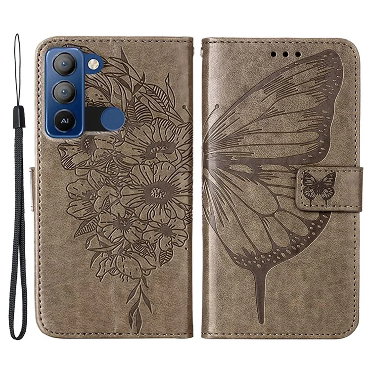 YB Imprinting Series-4 per TECNO Pop 5 LTE 4G Anti-Drop Phone Cover Stand Butterfly Flower Imprinted Wallet Phone Case - Grigio