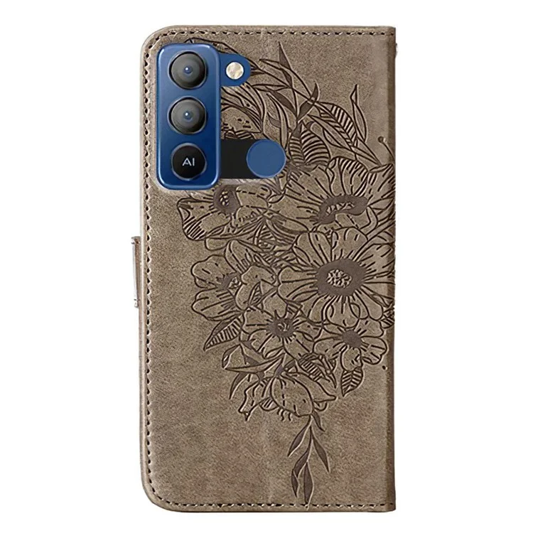 YB Imprinting Series-4 per TECNO Pop 5 LTE 4G Anti-Drop Phone Cover Stand Butterfly Flower Imprinted Wallet Phone Case - Grigio