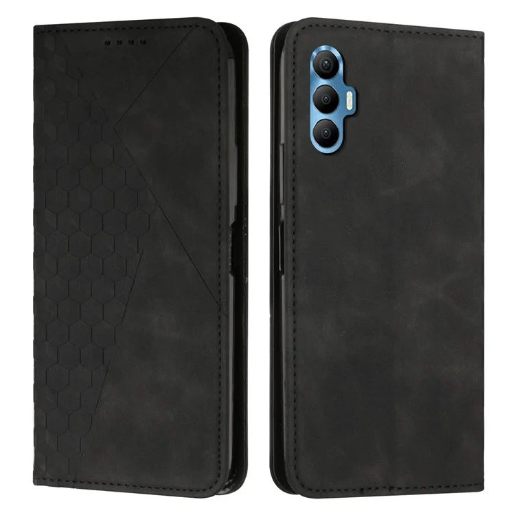 Capa de Telefone Anti-Queda para TECNO Spark 8P, Couro PU de Pele Amigável Impresso com Padrão Romboide Caso de Telefone Stand Carteira - Preto