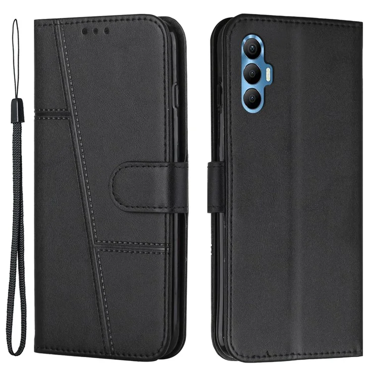 Capa de Telefone de Couro PU para TECNO Spark 8P, Carteira com Suporte de Proteção Completa com Alça - Preto