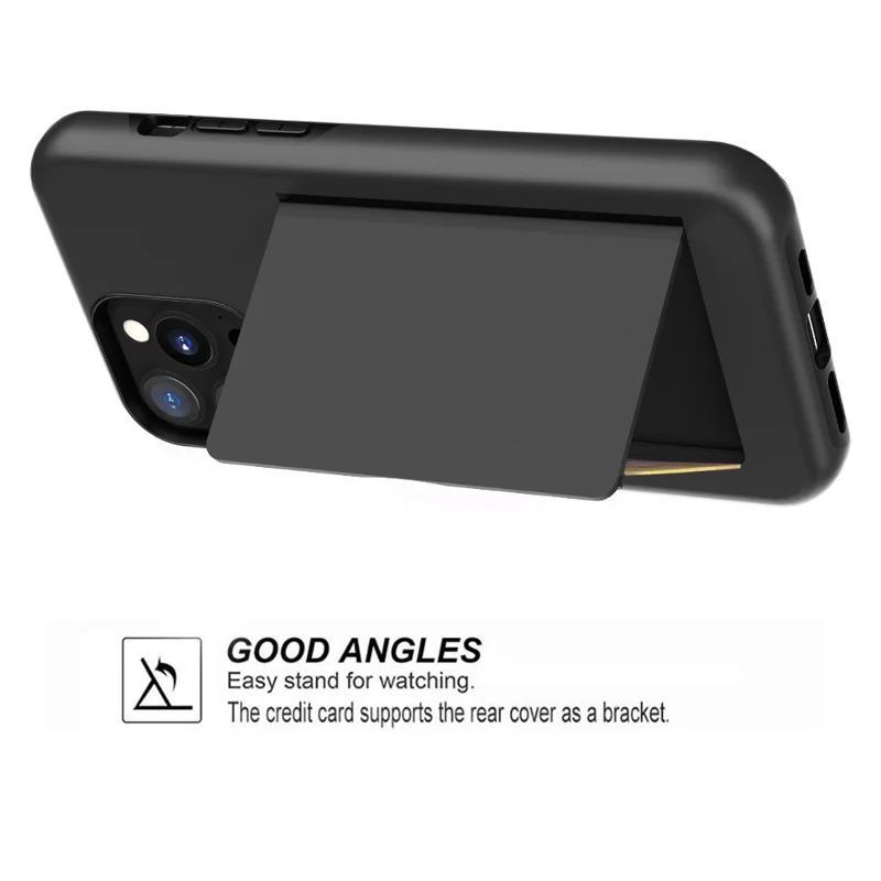 For iPhone 14 Pro Shockproof Back Case, Card Slot TPU+PC Phone Cover with Kickstand - Black