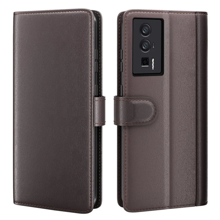 Für Xiaomi Poco F5 Pro 5G / Redmi K60 Pro 5G / K60 5G Flip Wallet Phone Case Genuine Split Leather Cell Phone Stand Cover - Braun