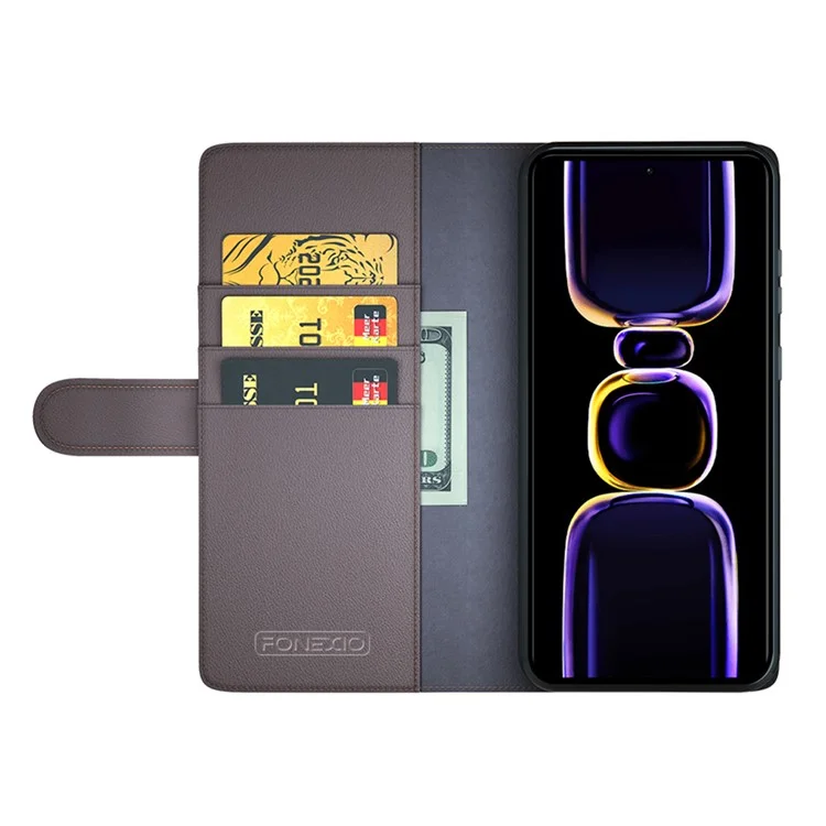 Für Xiaomi Poco F5 Pro 5G / Redmi K60 Pro 5G / K60 5G Flip Wallet Phone Case Genuine Split Leather Cell Phone Stand Cover - Braun