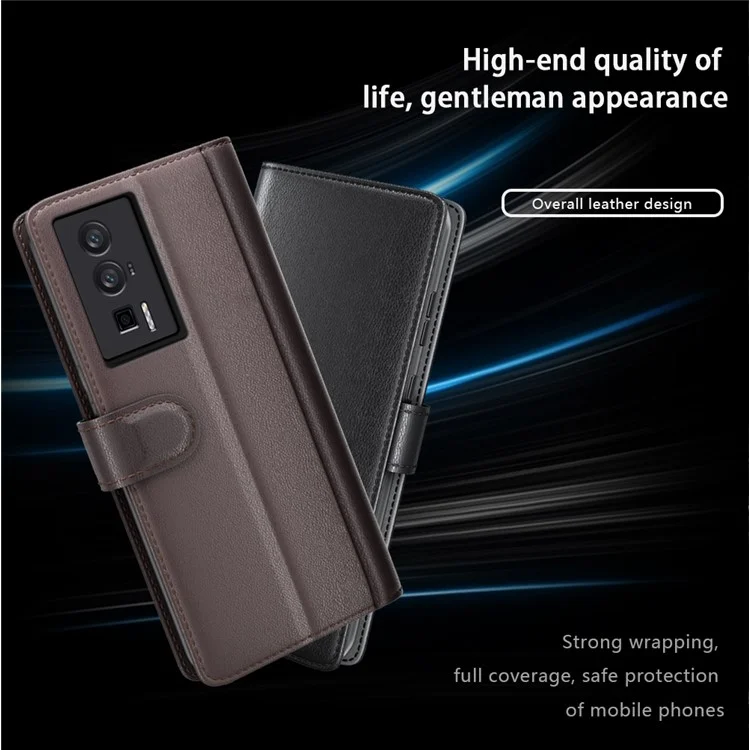 Für Xiaomi Poco F5 Pro 5G / Redmi K60 Pro 5G / K60 5G Flip Wallet Phone Case Genuine Split Leather Cell Phone Stand Cover - Braun