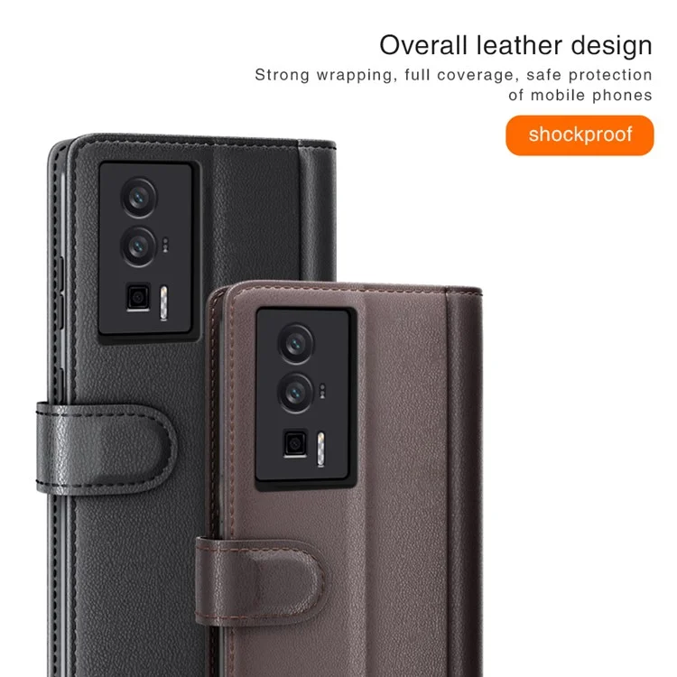 Für Xiaomi Poco F5 Pro 5G / Redmi K60 Pro 5G / K60 5G Flip Wallet Phone Case Genuine Split Leather Cell Phone Stand Cover - Braun
