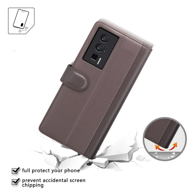 Für Xiaomi Poco F5 Pro 5G / Redmi K60 Pro 5G / K60 5G Flip Wallet Phone Case Genuine Split Leather Cell Phone Stand Cover - Braun