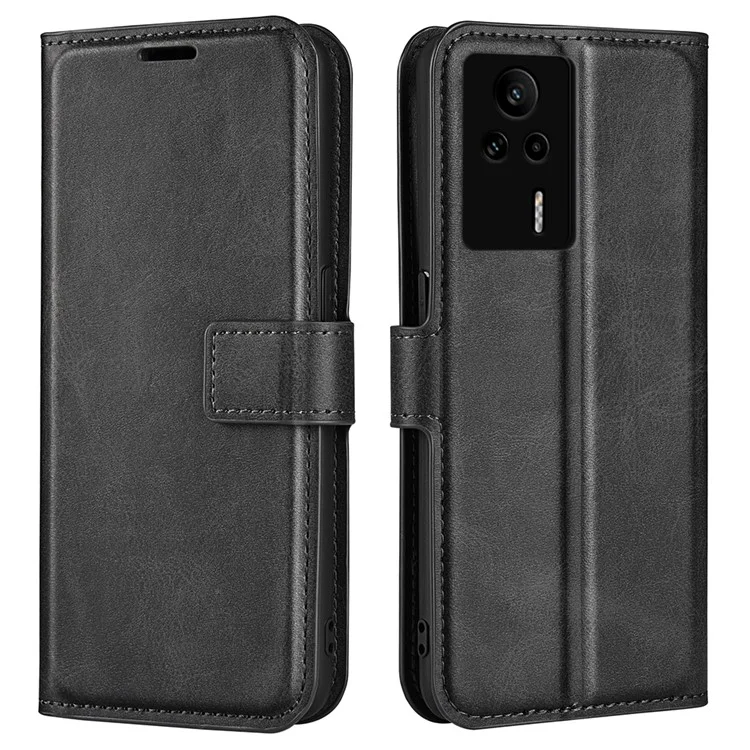 For Xiaomi Redmi K60E 5G Cell Phone Case Bag Calf Texture Stand Wallet Mobile Phone Cover - Black