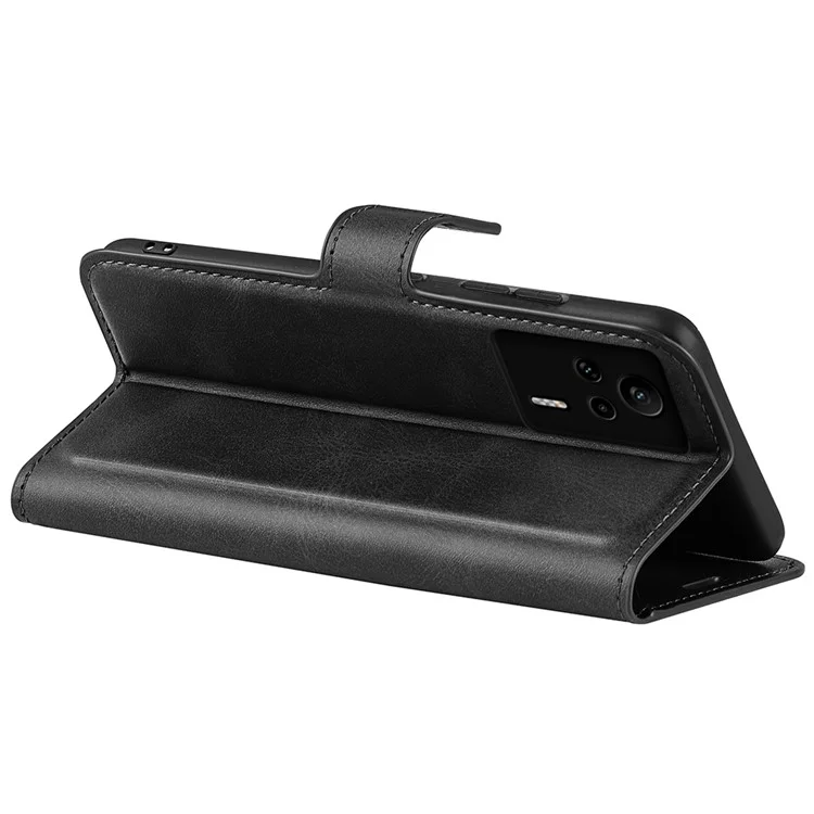 For Xiaomi Redmi K60E 5G Cell Phone Case Bag Calf Texture Stand Wallet Mobile Phone Cover - Black