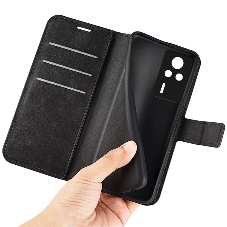 For Xiaomi Redmi K60E 5G Cell Phone Case Bag Calf Texture Stand Wallet Mobile Phone Cover - Black