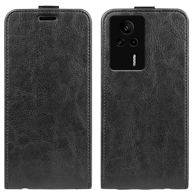 Funda de teléfono de piel sintética para Xiaomi Redmi K60E 5G, textura de caballo loco con tapa vertical, bolsillo para tarjetas, antiimpactos - Negro