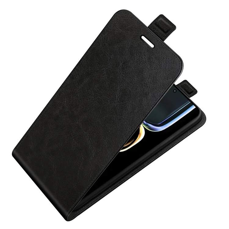Funda de teléfono de piel sintética para Xiaomi Redmi K60E 5G, textura de caballo loco con tapa vertical, bolsillo para tarjetas, antiimpactos - Negro