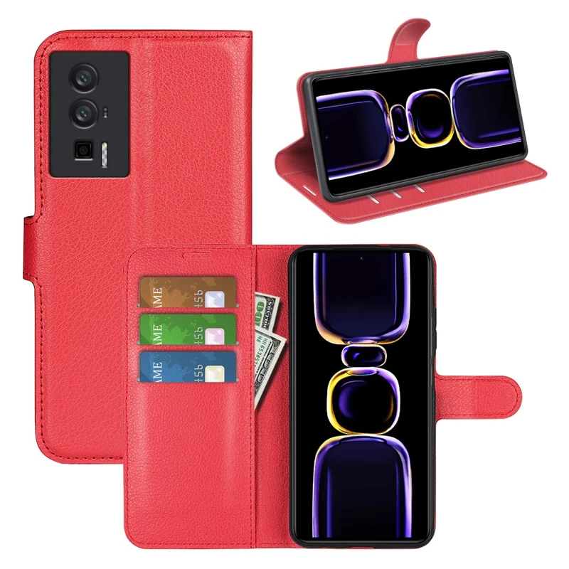 Smartphone Case For Xiaomi Poco F5 Pro 5G / Redmi K60 Pro 5G / K60 5G Litchi Texture PU Leather Wallet Shockproof Phone Cover - Red