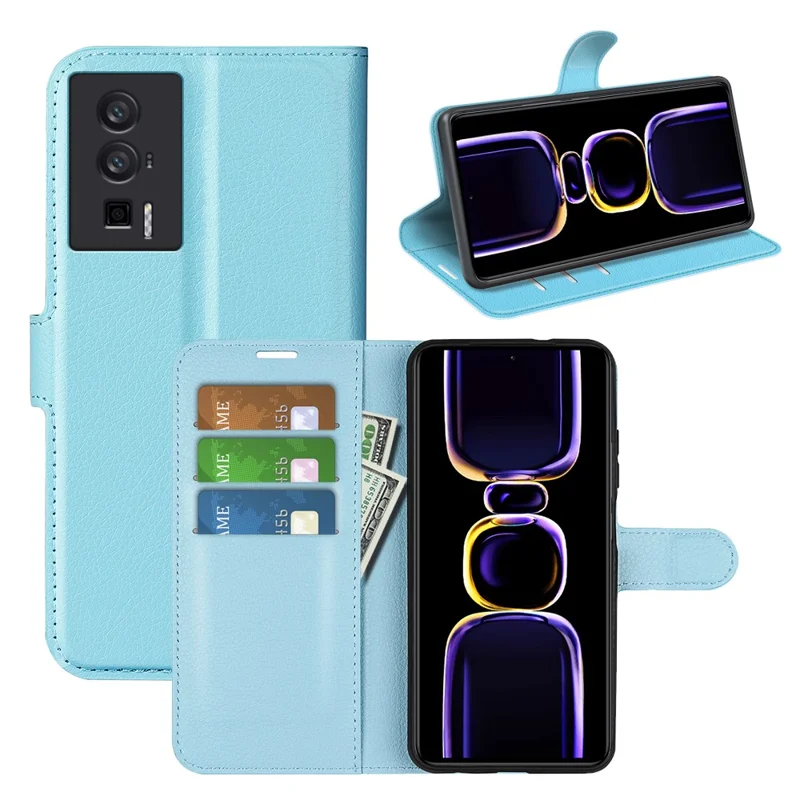 Smartphone Case For Xiaomi Poco F5 Pro 5G / Redmi K60 Pro 5G / K60 5G Litchi Texture PU Leather Wallet Shockproof Phone Cover - Blue