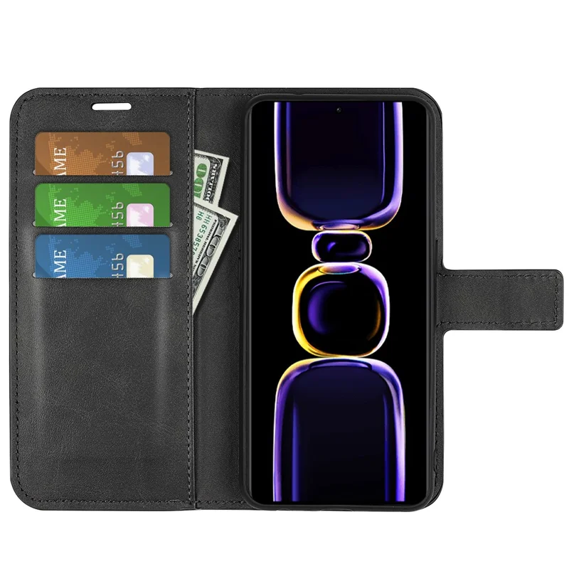 لـ Xiaomi Poco F5 Pro 5G / Redmi K60 Pro 5G / K60 5G غطاء هاتف مربع بإبزيم مغناطيسي، جلد صناعي بنسيج عجل مع حامل ومحفظة - أسود