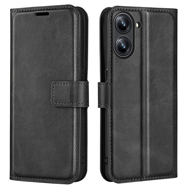 Pour Realme 10 4G Wallet Phone Case Magnetic Clasp Calf Texture PU Leather Stand Phone Cover - Black