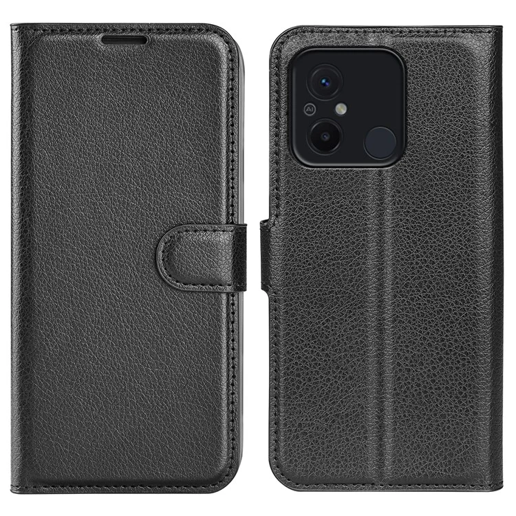 Funda protectora de teléfono para Xiaomi Redmi 12C 4G, textura de lichí, antiescabioso, tapa de cuero con cartera y soporte, color negro